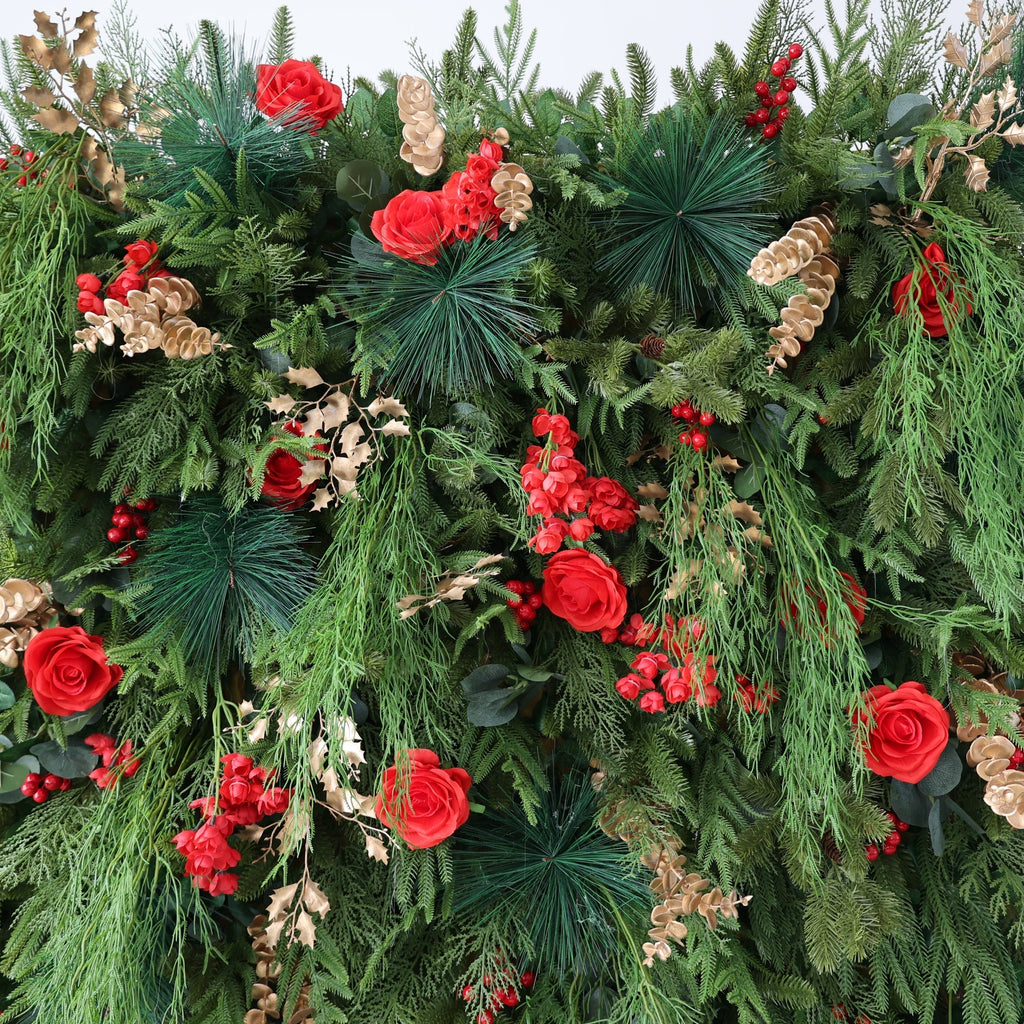 ValarFlowers Christmas Themed Floral Wall Backdrop: Festive Evergreen & Red Rose Masterpiece for Holiday Events & Decor-VF-491-2