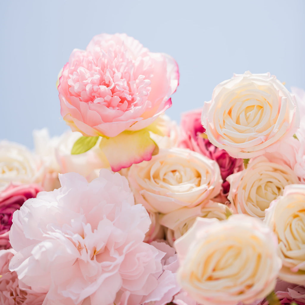 Roll Up Fabric Artificial Variety Of Pink And Cream Floral Bridal Shower Backdrop - Captivating Flowers Photography Arranged Party Event Decor-VF-503